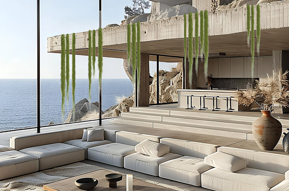 Hanging moss garden as biophilic art enhancing indoor air quality