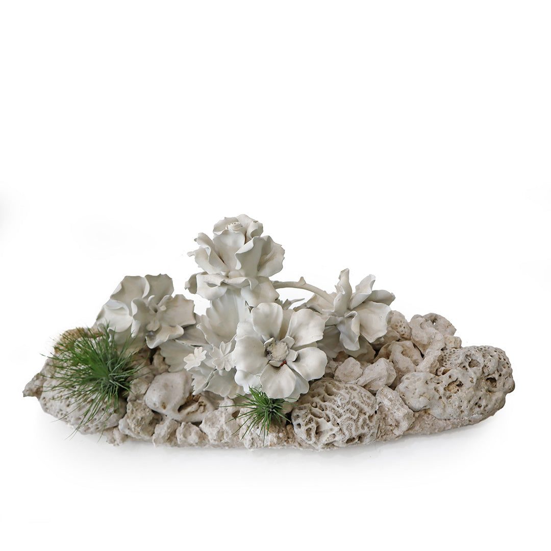 Keystone Sculpture with Porcelain Flowers Plant the Future